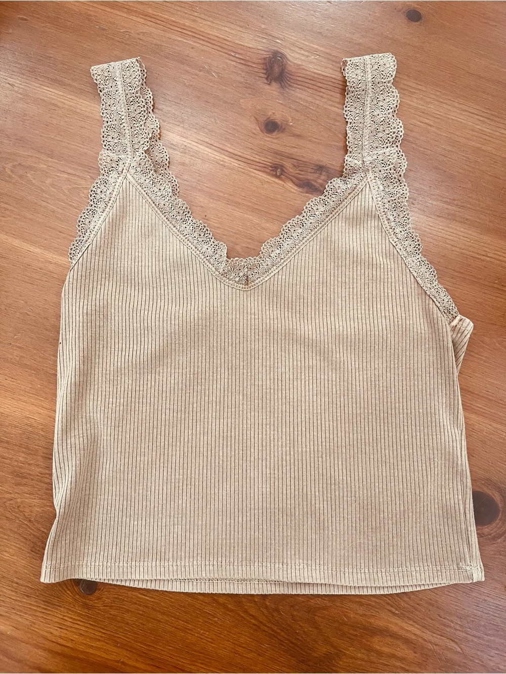 Lace-Trim Ribbed Tank Top in Beige